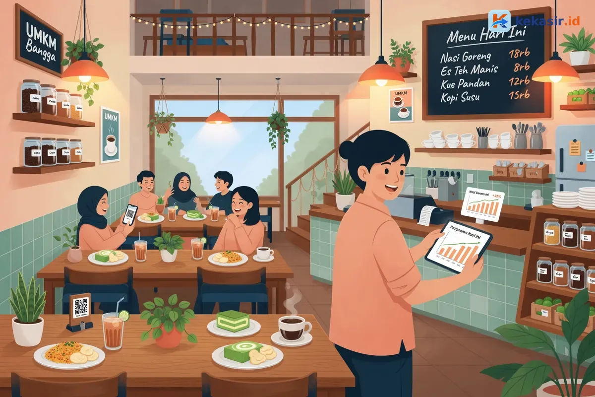 Ilustrasi pemilik cafe mengecek laporan penjualan di tablet sambil melihat suasana cafe