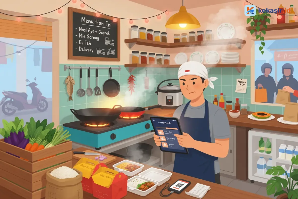 Ilustrasi dapur cloud kitchen ramai pesanan delivery di meja kerja