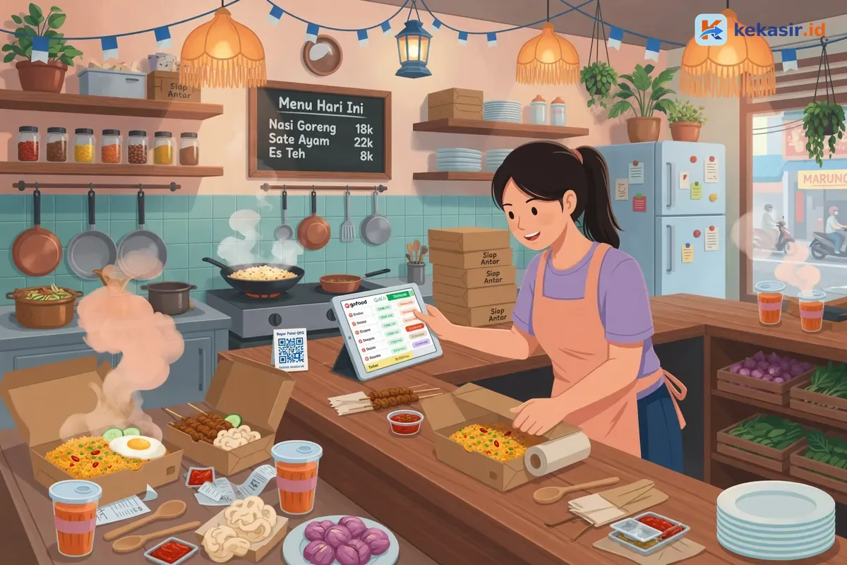 Staf cloud kitchen mencatat pesanan di tablet kasir sambil menyiapkan boks makanan