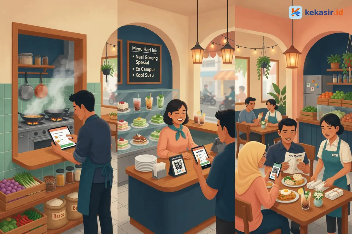 Ilustrasi pelanggan memindai kode QR di meja kafe untuk memesan sendiri