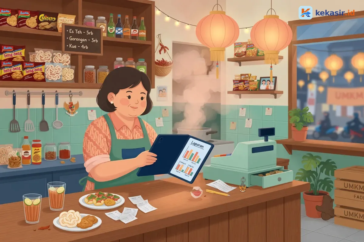 Ilustrasi pemilik franchise kuliner memantau laporan beberapa cabang dari laptop di meja kerja