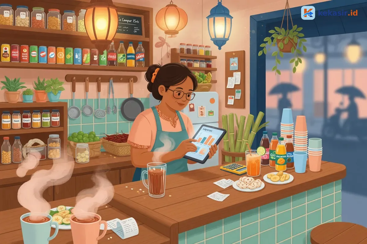 Suasana kasir di cabang franchise minuman sedang melayani pelanggan dengan tablet kasir