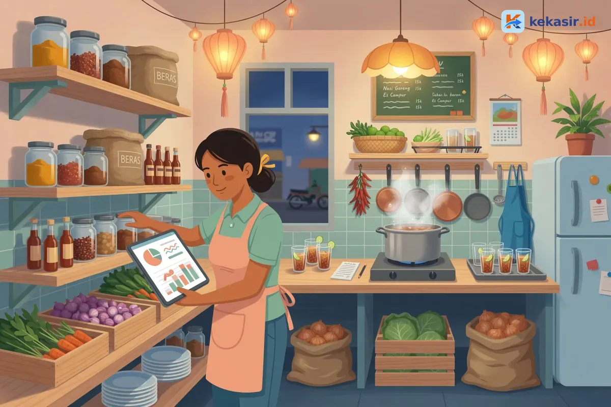 Ilustrasi supervisor franchise mengecek stok bahan di dapur cabang sambil memegang tablet
