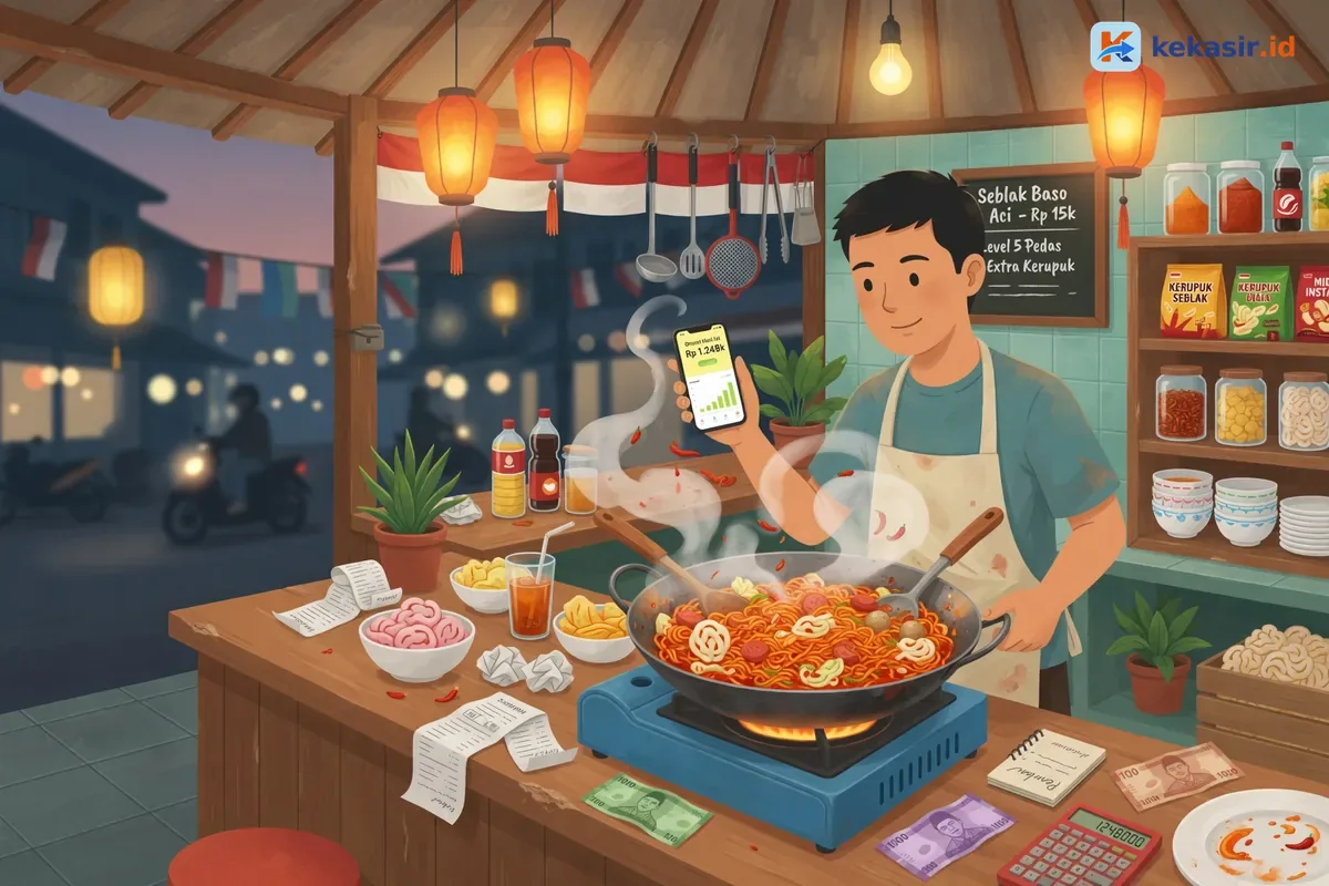 Ilustrasi pemilik gerobak seblak mencatat penjualan lewat HP di samping panci seblak