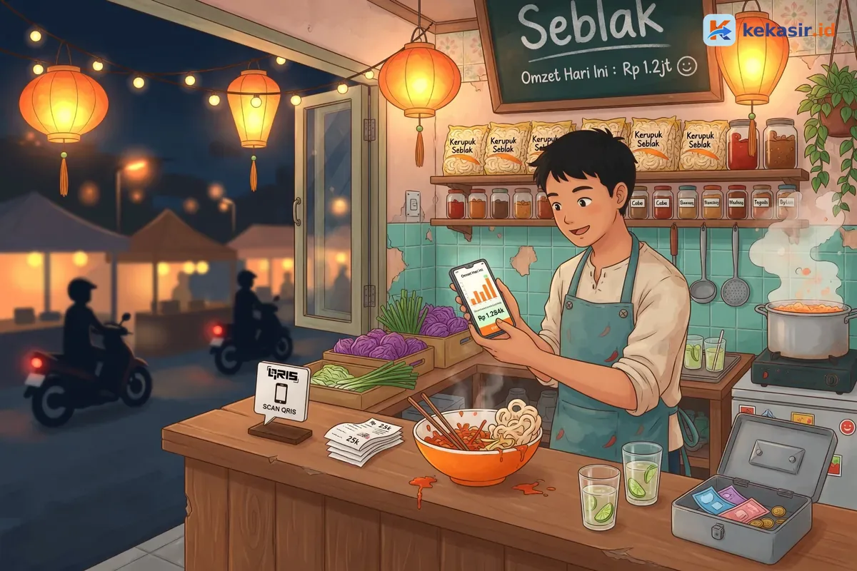 Ilustrasi pemilik gerobak seblak menutup shift dan membaca laporan omzet di HP malam hari