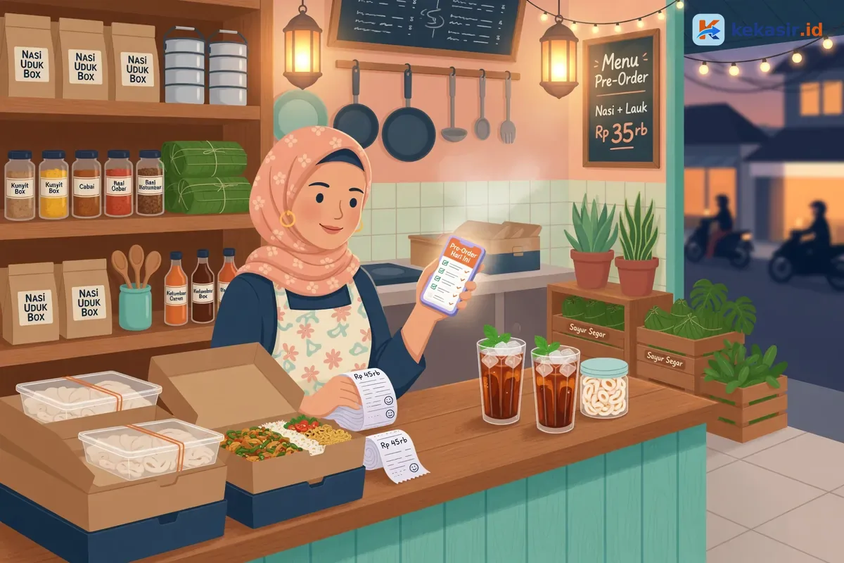 Suasana dapur katering rumahan dengan kotak makanan tersusun rapi siap pre-order