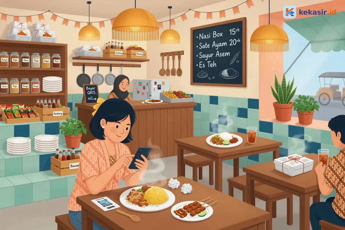Pemilik usaha katering menerima notifikasi pembayaran QRIS sambil menyiapkan pesanan di meja dapur