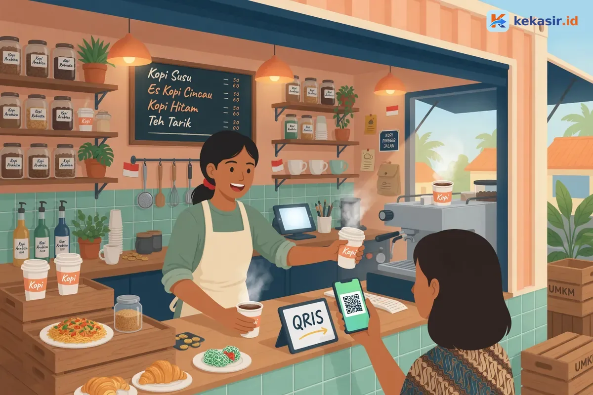 Ilustrasi barista di kontainer kopi pinggir jalan melayani pelanggan pagi hari