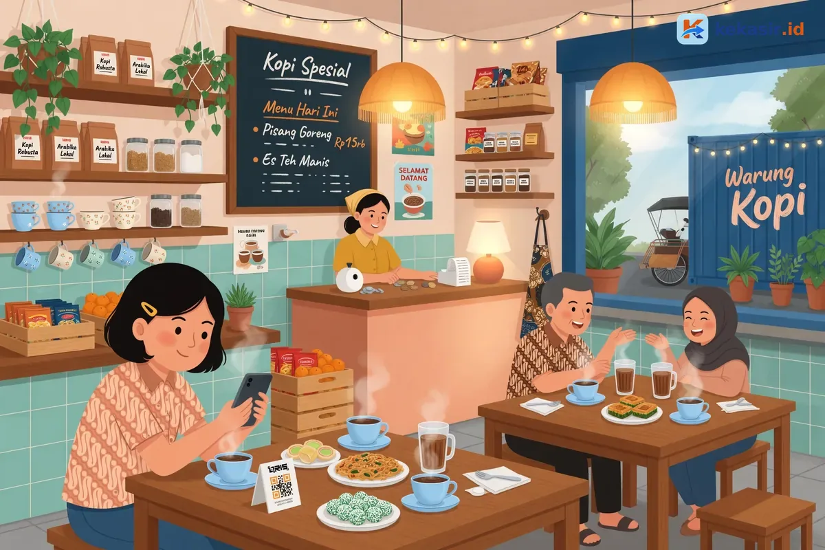 Ilustrasi pelanggan memindai kode QRIS di HP di depan kontainer kopi