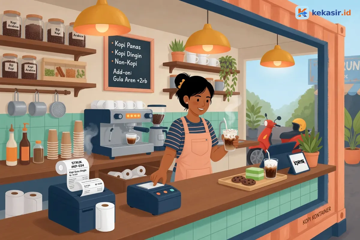 Ilustrasi barista mencetak struk thermal di kontainer kopi sambil menyiapkan gelas