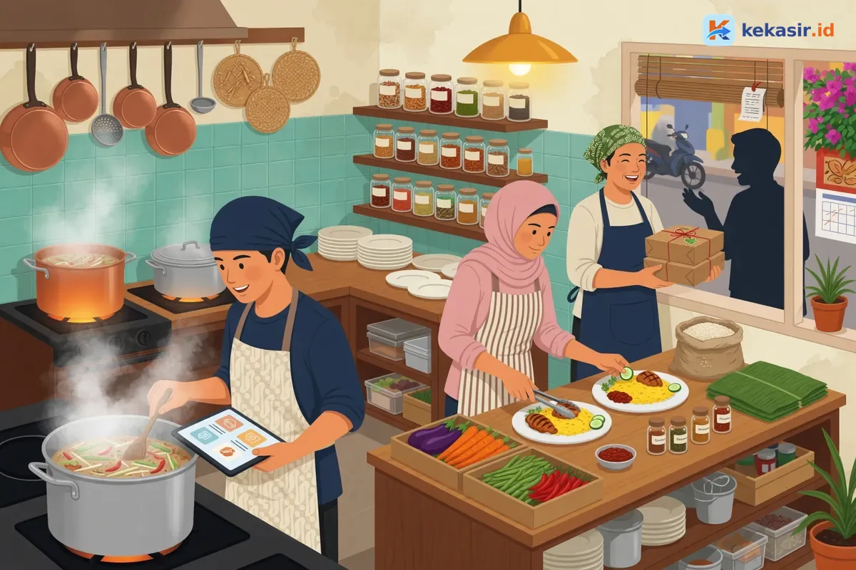 Ilustrasi tim katering kecil berkoordinasi di dapur dengan satu tablet kasir