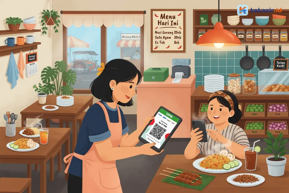 Ilustrasi staf katering menerima pembayaran QRIS dari pelanggan menggunakan satu perangkat kasir