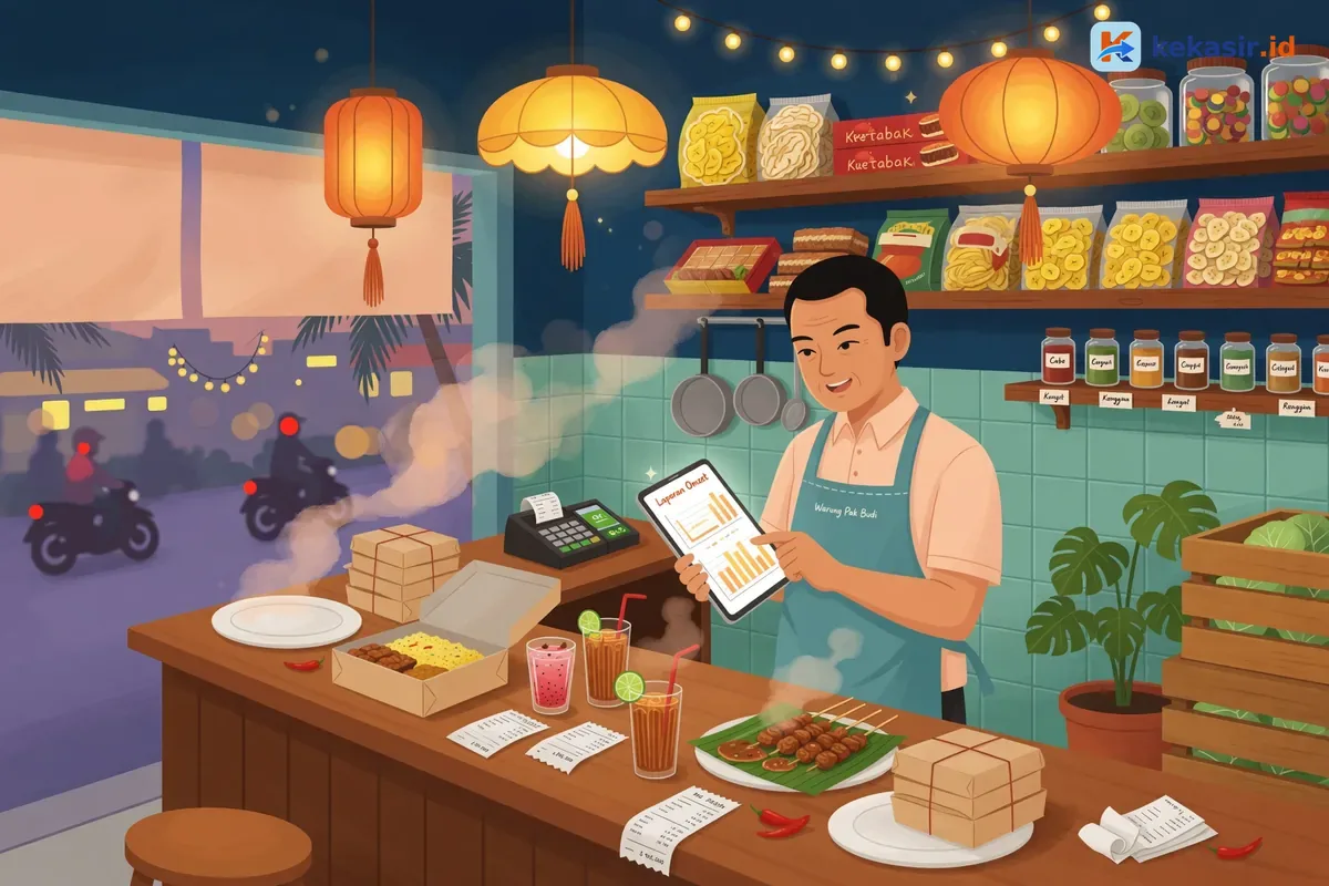 Ilustrasi pemilik usaha katering mengecek laporan omzet dari aplikasi kasir