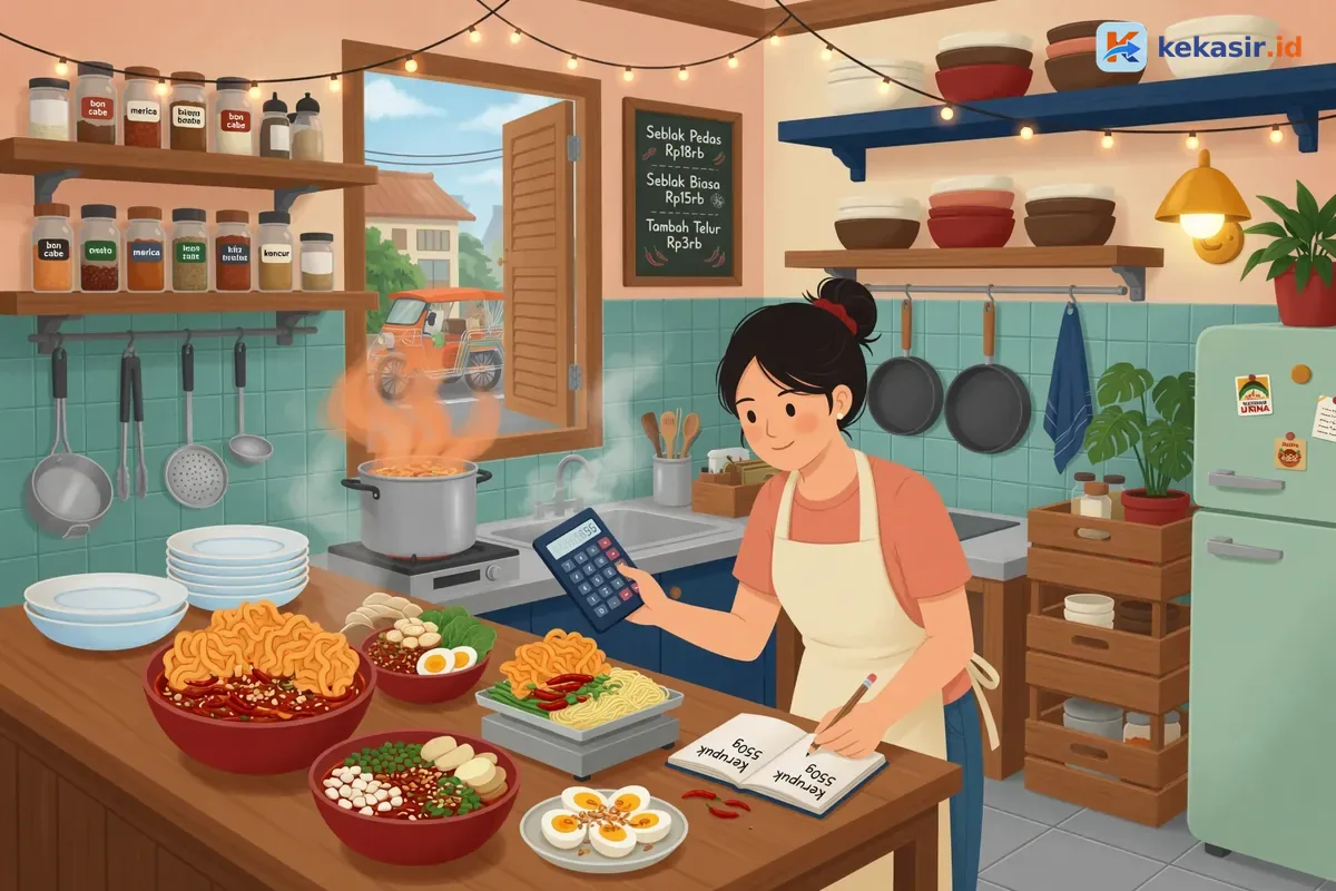 Ilustrasi pemilik warung seblak menghitung bahan di dapur