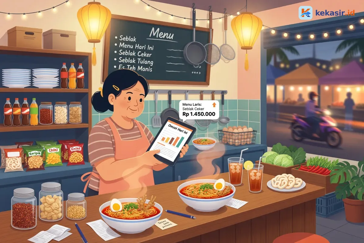 Pemilik warung cek laporan penjualan harian di tablet