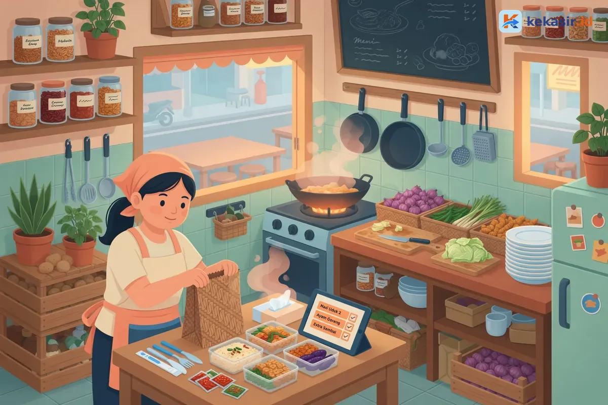 Ilustrasi staf warung packing pesanan takeaway di meja dapur kecil