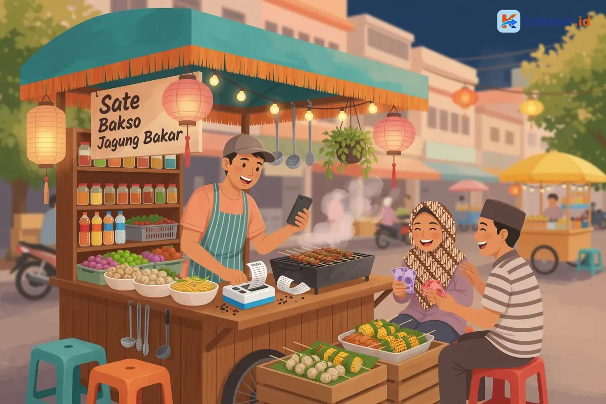 Ilustrasi pedagang gerobak keliling melayani pelanggan dengan HP dan printer bluetooth