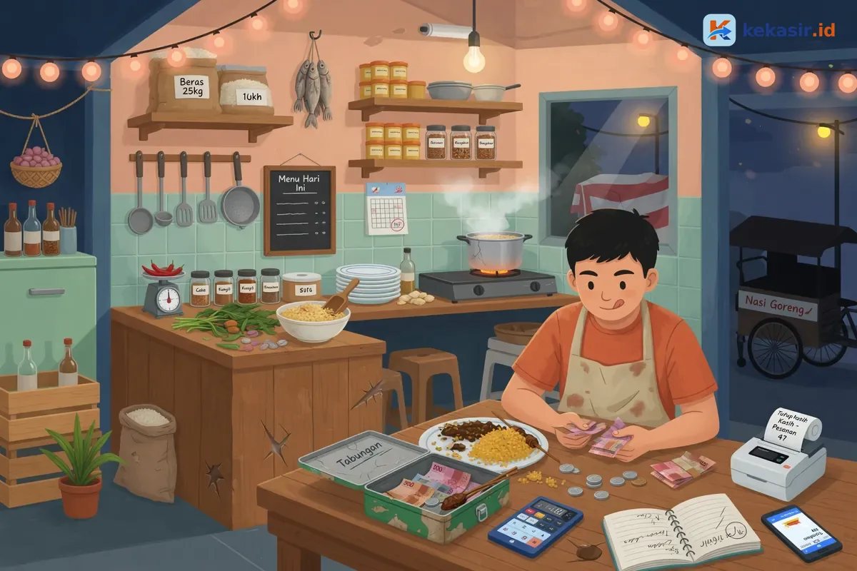 Ilustrasi pemilik gerobak menghitung uang kas di akhir shift jualan