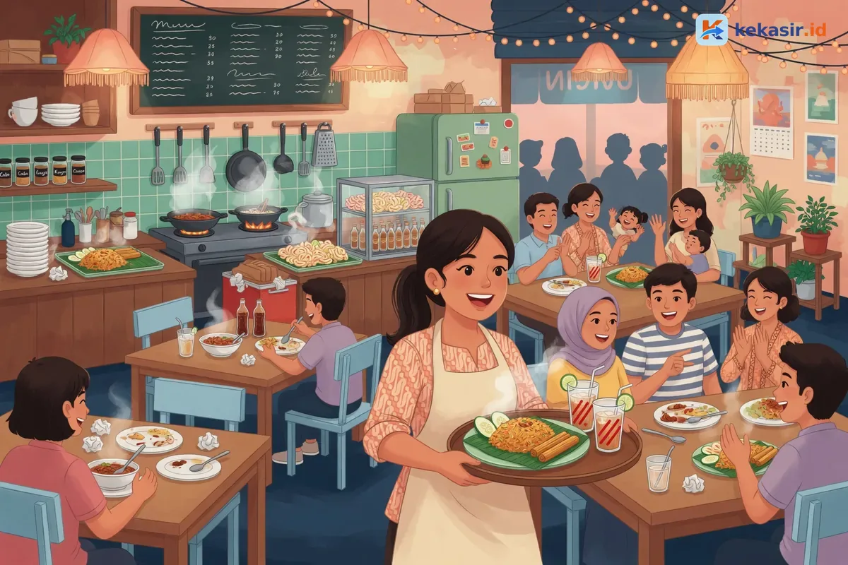Ilustrasi suasana restoran ramai dengan kasir mengantar pesanan ke meja tamu