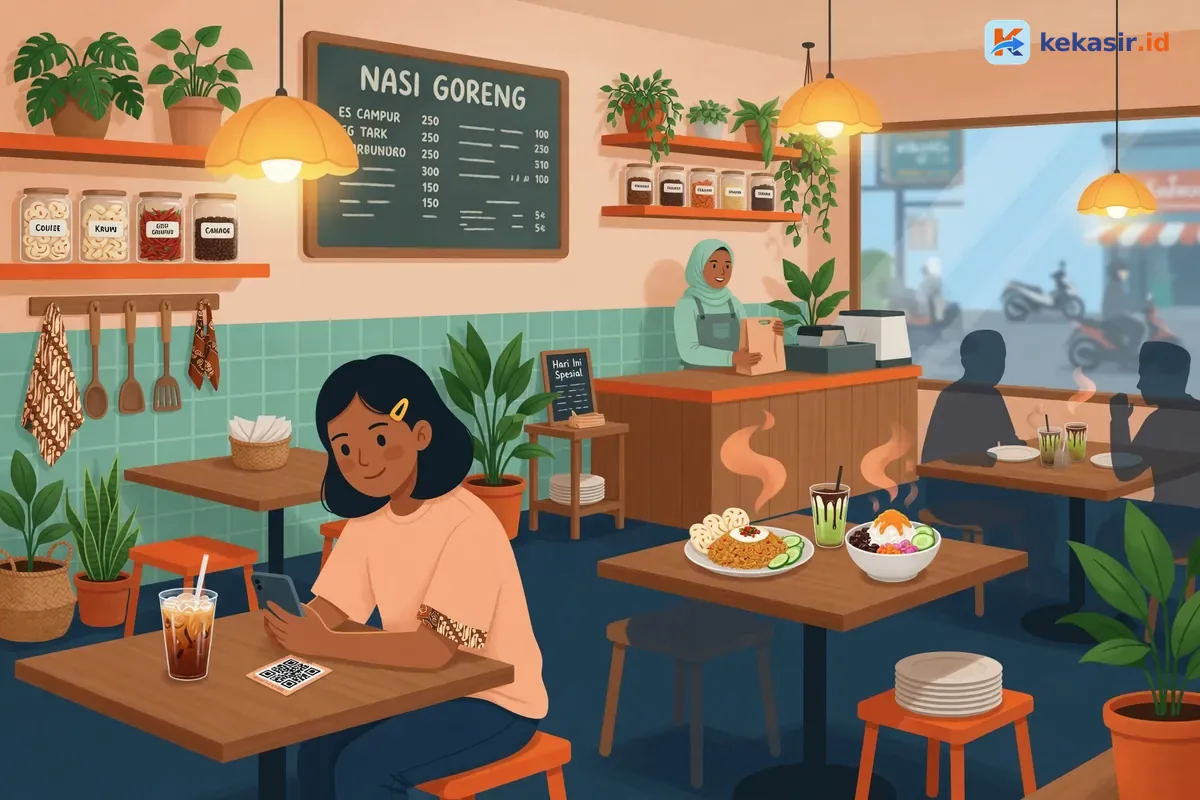 Ilustrasi pelanggan di kafe scan QR meja untuk memesan sendiri dari HP