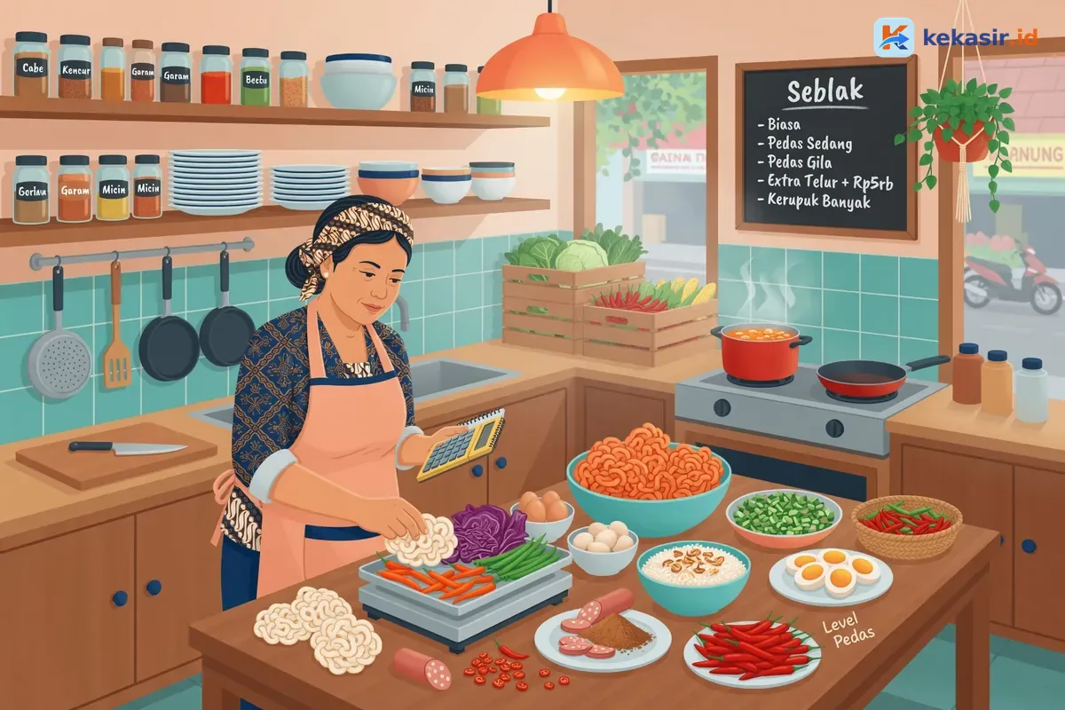 Ilustrasi pemilik warung seblak menghitung bahan di dapur