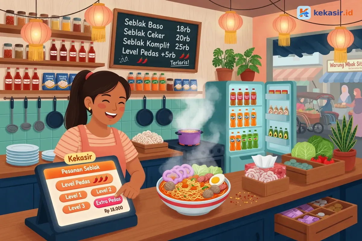 Ilustrasi kasir warung seblak memilih opsi topping di layar aplikasi kasir