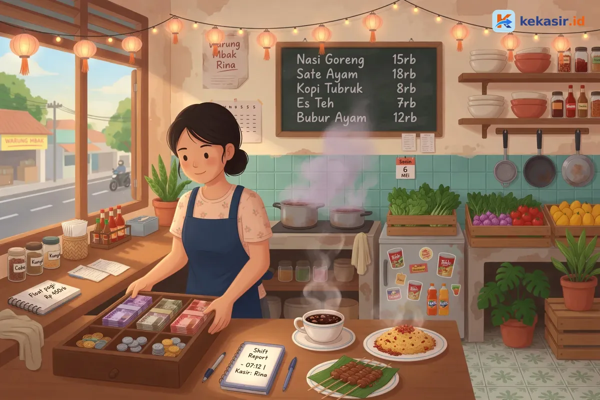 Ilustrasi kasir warung membuka laci uang di awal shift pagi