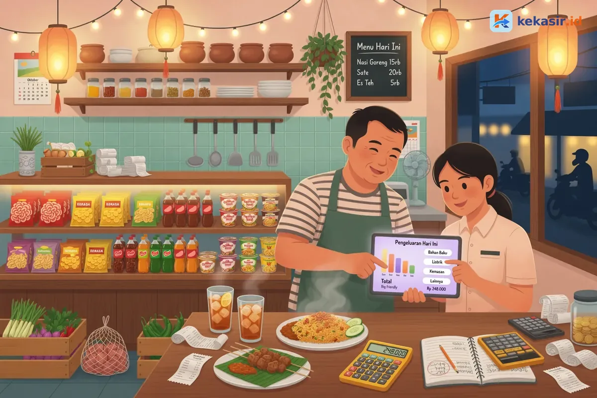 Pemilik restoran meninjau laporan shift di tablet bersama kasir