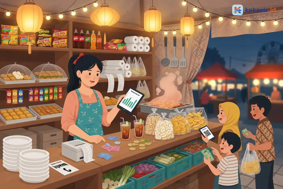 Ilustrasi pemilik stand bazar melayani antrean pembeli dengan tablet kasir