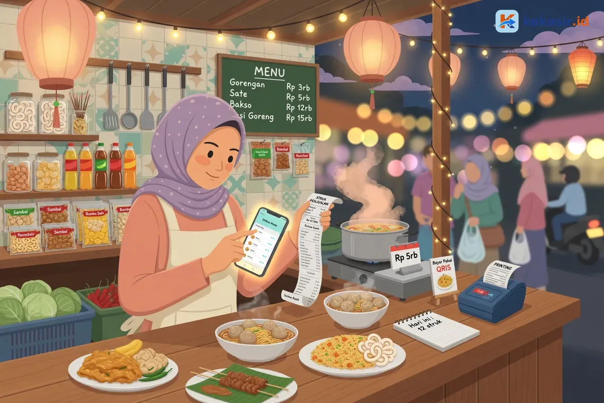 Ilustrasi kasir stand bazar menghitung struk penjualan menggunakan smartphone