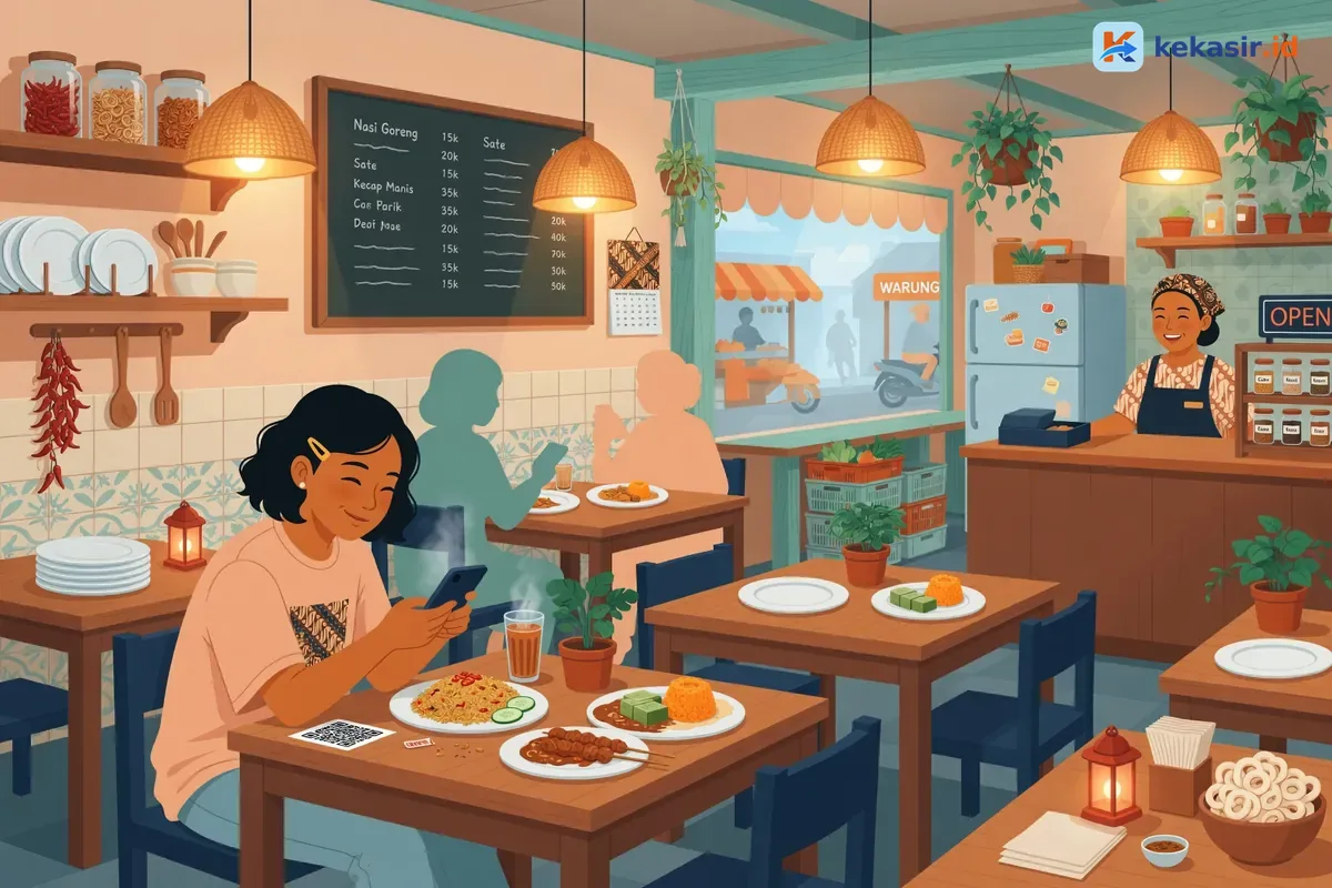 Ilustrasi pelanggan di kafe melakukan pembayaran QRIS via ponsel