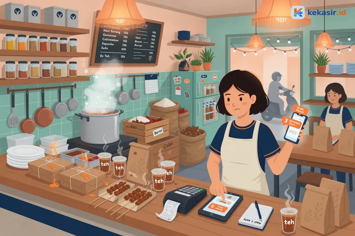 Ilustrasi operator cloud kitchen memegang HP notifikasi order sambil input di tablet kasir