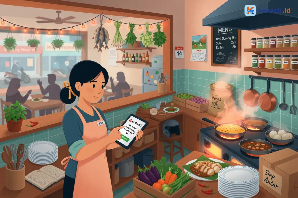 Alur catat order delivery dari notifikasi marketplace ke kasir lalu dapur
