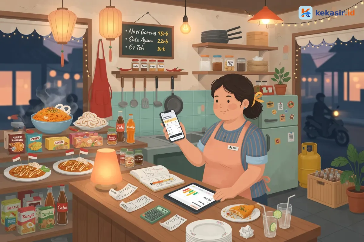 Ilustrasi pemilik cloud kitchen membandingkan laporan kasir dengan ringkasan order di laptop