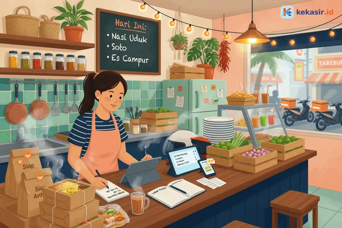 Ilustrasi staf cloud kitchen mencatat pesanan ojek online di tablet kasir sambil paket makanan siap diantar