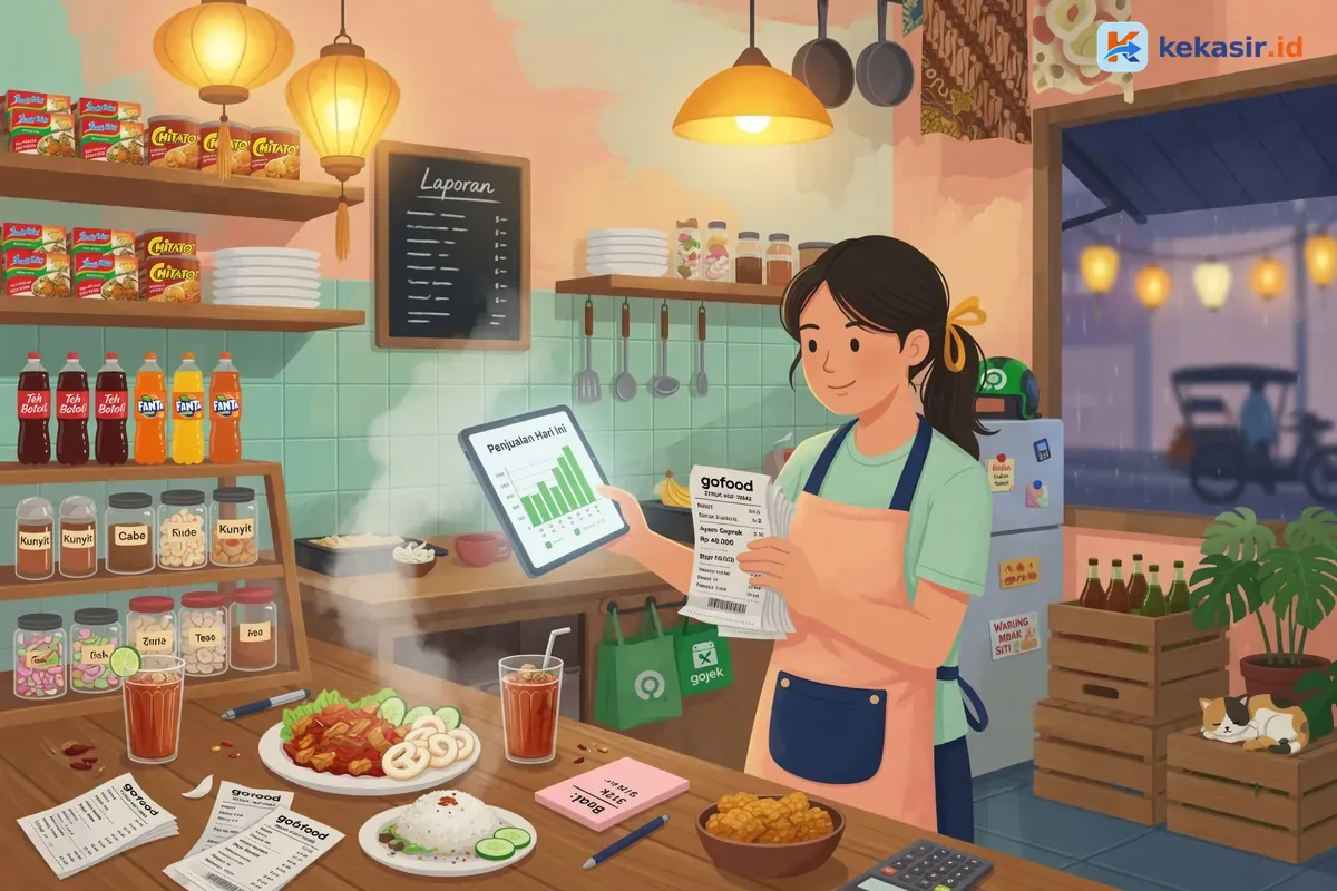 Pemilik cloud kitchen meninjau laporan penjualan di laptop sambil memegang struk order delivery di meja dapur