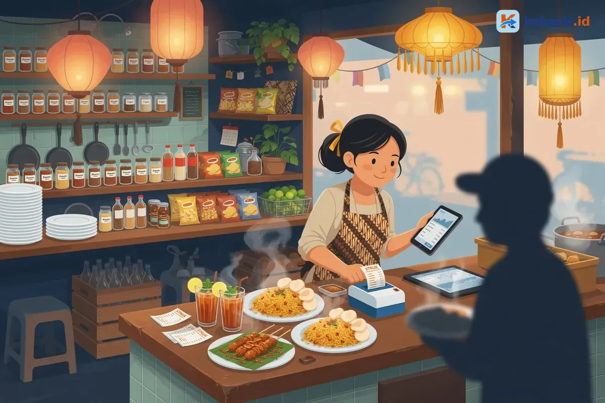 Ilustrasi pemilik booth mall melayani pelanggan dengan tablet dan printer thermal