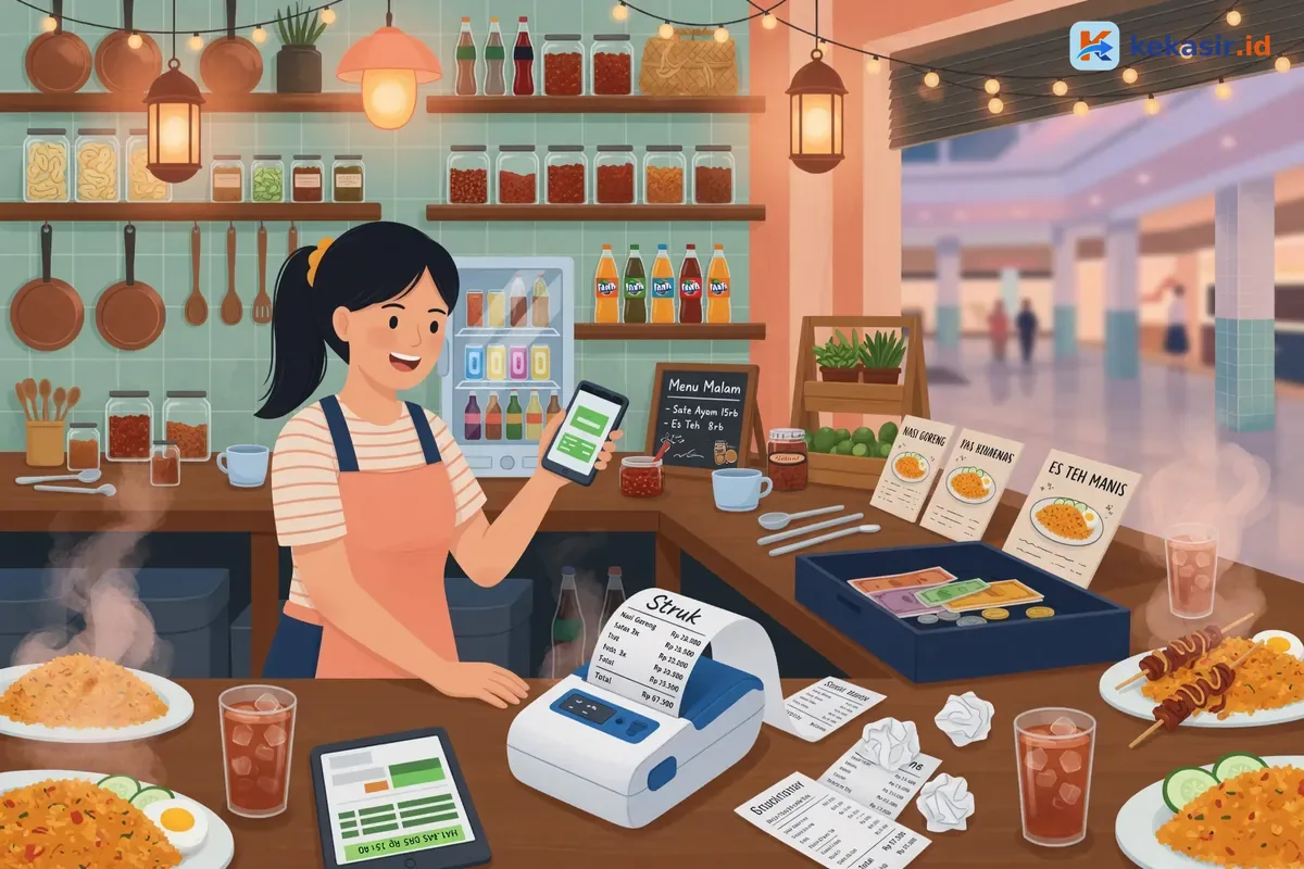Ilustrasi printer thermal kecil mencetak struk di meja booth mall