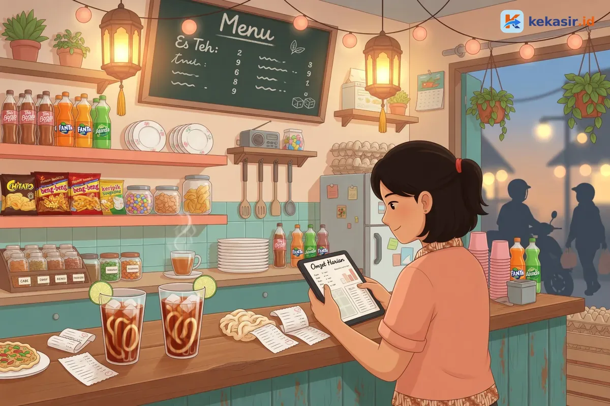 Ilustrasi pemilik usaha melihat laporan penjualan harian dari tablet