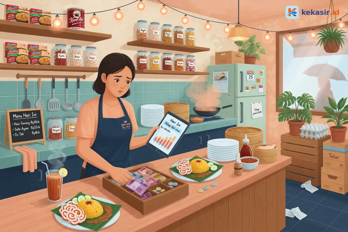 Ilustrasi pemilik warung membandingkan uang di laci kasir dengan rekap harian di tablet