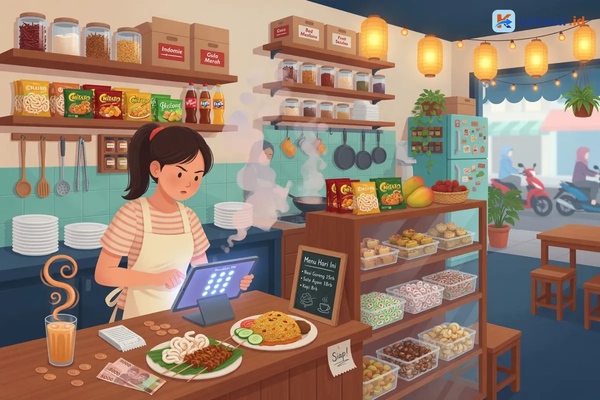 Ilustrasi kasir restoran memasukkan PIN di tablet sebelum mulai melayani pelanggan