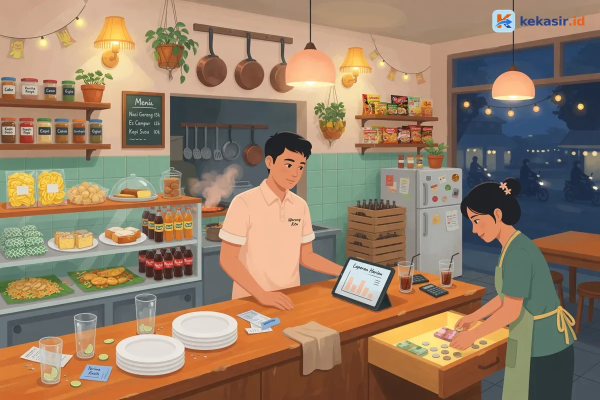 Ilustrasi pemilik cafe meninjau laporan penjualan harian di laptop sambil staf merapikan laci kas