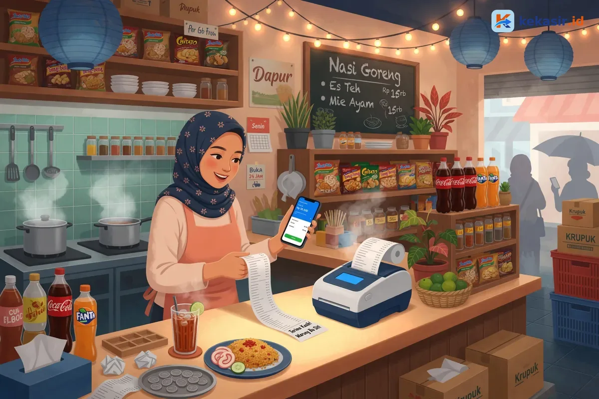 Ilustrasi kasir warung sibuk menyiapkan struk di meja kasir