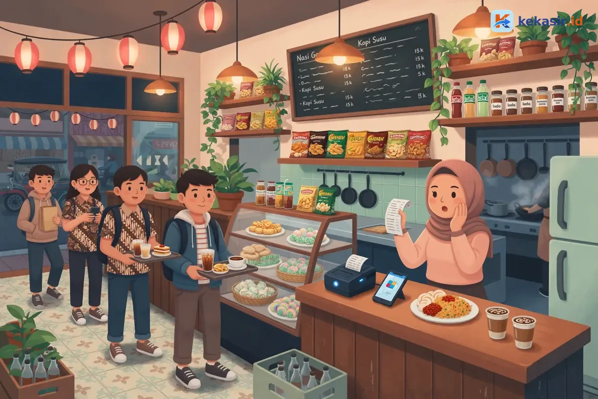 Ilustrasi pelanggan antre di depan kasir kafe saat jam ramai