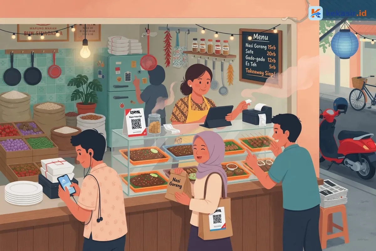 Ilustrasi antrian pelanggan takeaway di depan warung makan kecil