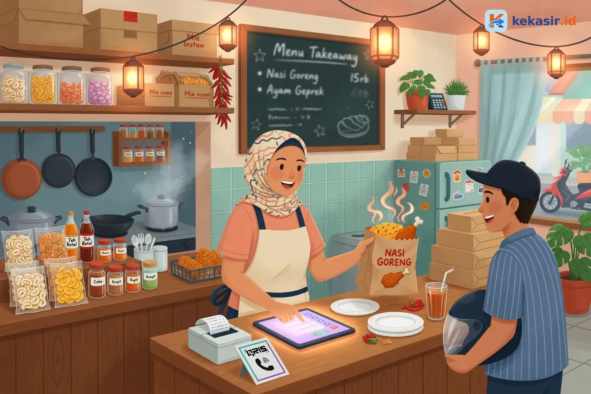 Kasir warung takeaway mencatat pesanan di tablet sambil melayani pelanggan