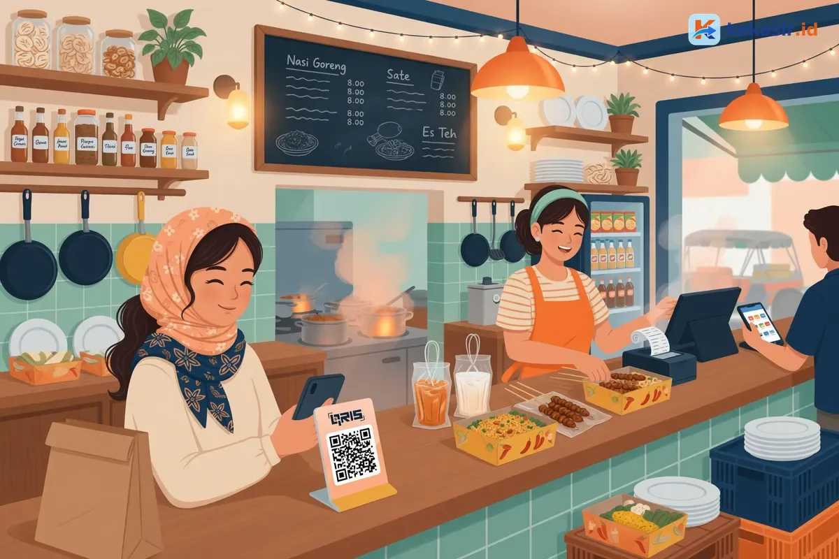 Pelanggan takeaway scan QRIS di counter warung sambil menunggu pesanan dibungkus