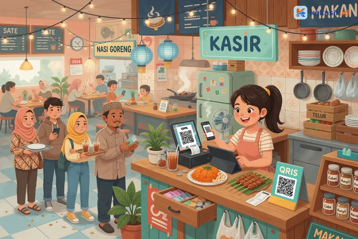 Ilustrasi suasana food court dengan pelanggan antre di depan kasir food stall