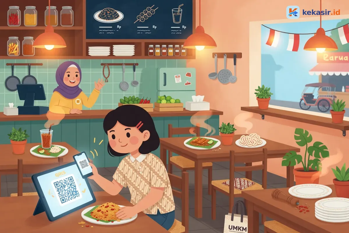 Pelanggan memindai QRIS dinamis dari layar aplikasi kasir di food stall