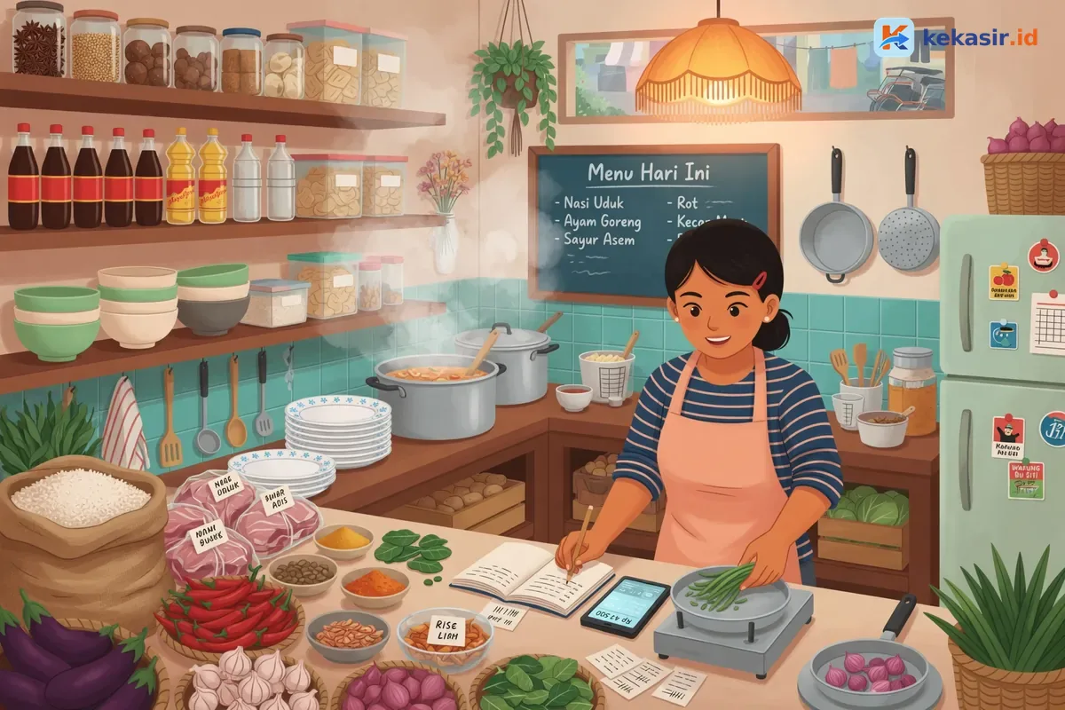 Ilustrasi pemilik warung menghitung sisa bahan baku di dapur